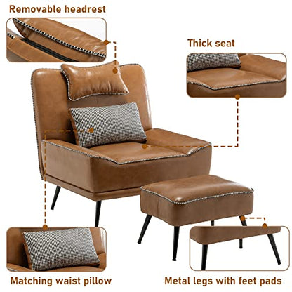 35" Accent Chair with Ottoman, Wide PU Leather Chair and Ottoman | Oversized Upholstered Armless Chair Mid Century Modern Side Chair with Ottoman For Living Room Bedroom Lounge Chair Brown - color: Brown