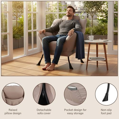 Welnow Khaki Single Lazy Chair for Adults，Modern Reading Accent Chair | A Side Pocket,Armrests,Thick Cushioned Seat & Backrest, Lounge Reading Chair for Bedroom,Living Room & Small Space - color: Khaki Without Stool