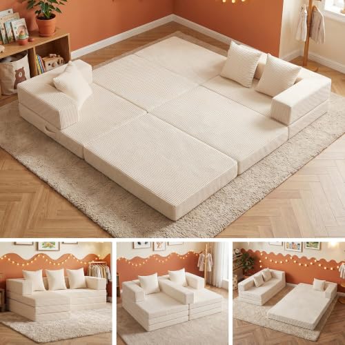 6-in-1 Boneless Couches Modular Sectional Sofa | Cloud Couch Sectional & Tri-Folding Mattress | Corduroy Pet-Friendly Convertible Sofa Bed with 800LB Capacity Living Room, Apartment, Guest Room - color: Beige