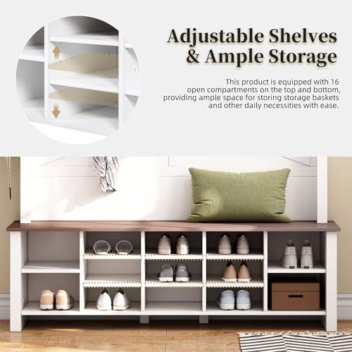 JIVOIT Farmhouse Retro Style Hall Tree, Multi-functional 4-in-1 Design Hall Tree, Practical Walnut Entryway Bench with Adjustable Shelves, Shoe Organizer with 16 Open Compartments for Entryway - color: White/07