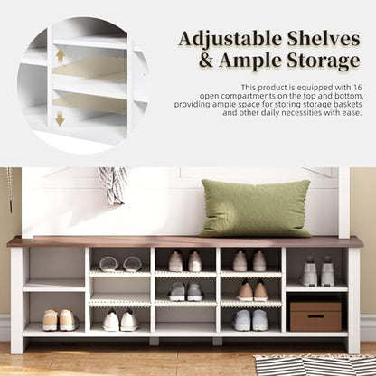 JIVOIT Farmhouse Retro Style Hall Tree, Multi-functional 4-in-1 Design Hall Tree, Practical Walnut Entryway Bench with Adjustable Shelves, Shoe Organizer with 16 Open Compartments for Entryway - color: White/07
