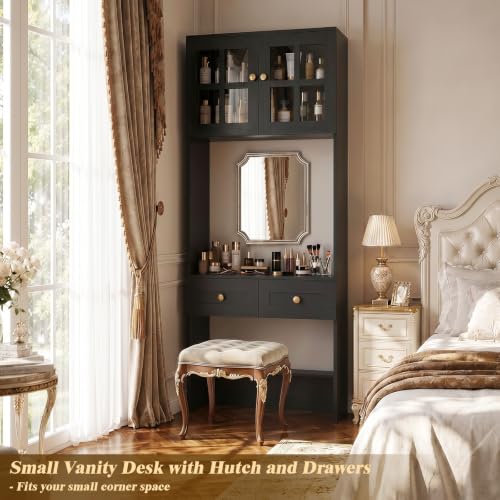 Besiost Farmhouse Desk with Glass Hutch, Small Writing Study Desk with Drawers, Multi-Function Desk for Home Office, Bedroom, Kitchen, Black (27.6" L × 11.8" D × 80" H) - color: Black, size: 27.6"