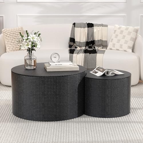 Nesting Coffee Table Set of 2, Round, Black | Hidden Storage, Leather Wrapped, Stackable End Tables, No Assembly Required, For Small Space Living Room Apartment - color: Black