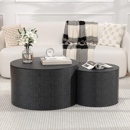 Nesting Coffee Table Set of 2, Round, Black | Hidden Storage, Leather Wrapped, Stackable End Tables, No Assembly Required, For Small Space Living Room Apartment - color: Black