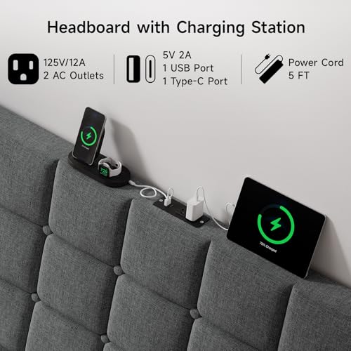 Ergonomic Upholstered Headboard Queen Size w/Charging Station, Linen Wingback Headboards w/Storage Pocket, Queen Headboard Only, Bed Frame Adapters, Sturdy Stable Solid Wood Bed Head Board, Dark Grey - color: Dark Grey, size: Queen