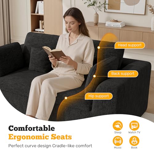 Luxanimarion 85'' Loveseat Sofa, Cloud Boneless Couches for Living Room, 2 Seater Modular Sectional Sofa,Oversized,Black Chenille - color: Black, size: Love Seat