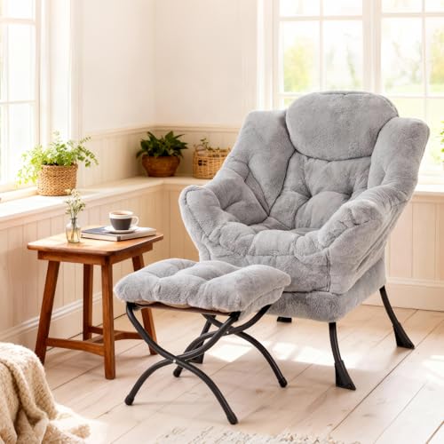 Modern Lazy Chair with Ottoman Lounge Accent Reading Chair for Living Room | Foldable Footstool,Removable Cover,with Armrests & Side Pockets,Upholstered Lounge Chair for Bedroom,Dorm,Office,Small Space - color: Plush Grey