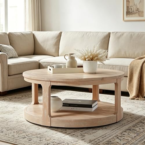 JUSTONE 40" Round Coffee Table,2-Tier Rustic Industrial Style for Living Room & Apartments, Easy Assembly Center Table(Oak) - color: 40'' Round - Oak
