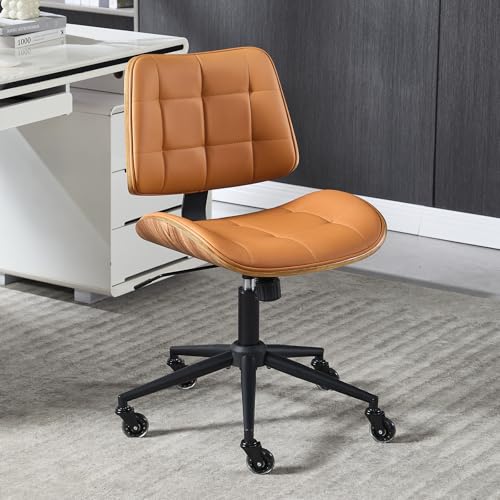 Home Office Desk Chair with Rubber Wheels, Armless Bentwood, Brown | Adjustable Height Armless Office Chair, PU Leather Mid Back 360°Small Computer Chair, No Arms Walnut Seating, 300LBS Support - color: Brown, size: Standard Style