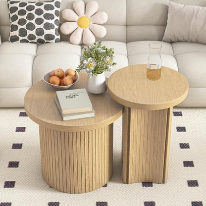 Nesting Coffee Tables Set of 2,Farmhouse Small Round Side Tables | 17.6" End Table with Wooden Fluted,Stacking coffee tables Space Saving Sofa Table for Living Room,Easy Assembly - color: Small Size-set