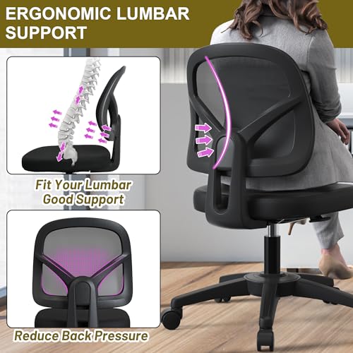 Swivel Armless Office Desk Chair No Arms with Back Support Rolling Wheels for Small Spaces Adult