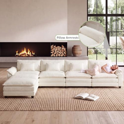 154" Modular Sectional Sofa, Comfy Deep Cloud Couch with Ottoman | U-Shaped Couches for Living Room, Modular Couch, Deep and Wide Seat, Chenille Sofa Sleeper with Throw Pillows, Beige White - color: Beige White, size: 154 Inch U