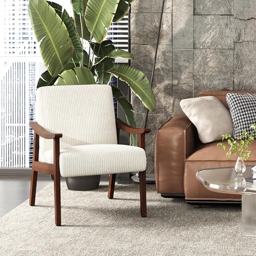 Yaheetech Corduroy Accent Chair, Mid-Century Modern Armchair with Solid Wood Legs, Reading Leisure Chair with High Back for Living Room Bedroom Waiting Room Beige | Corduroy Chair with Solid Wood Legs, Cozy Reading Leisure Chair for Living Room, Bedroom,