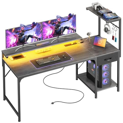 55.1 Inch Gaming Desk with LED Lights & Power Outlets | Computer Desk with Drawer & Storage Shelves, Office Writing Desk with Monitor Stand for Work from Home, Grey - color: Grey, size: 55.1 Inch