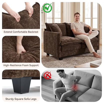 Loveseat Sofa Couch 2 Piece Set, Small Compact 50" Love Seat 27" Deep Cloud Sofa Set Washable Chenille Pillow Living Room Set for Apartment Office 50-Brown-2+2 - color: Brown, size: 50"+50"
