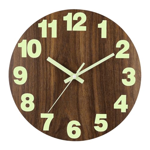 Plumeet Night Light Wall Clock, 16 Inch Wooden Glow in the Dark Clock for Bedroom, Extra Large Silent Lighted up Wall Clock Luminous Numerals and Hands, Battery Operated for Living Room/Kitchen, Brown
