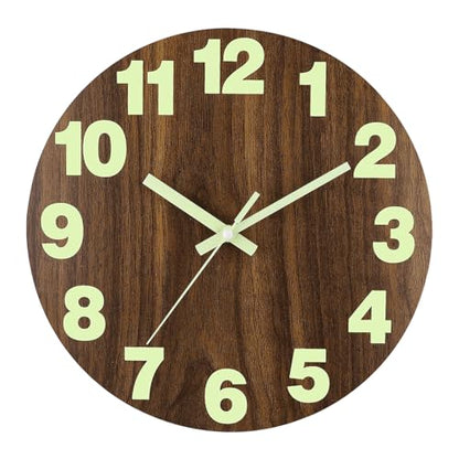 Plumeet Night Light Wall Clock, 16 Inch Wooden Glow in the Dark Clock for Bedroom, Extra Large Silent Lighted up Wall Clock Luminous Numerals and Hands, Battery Operated for Living Room/Kitchen, Brown