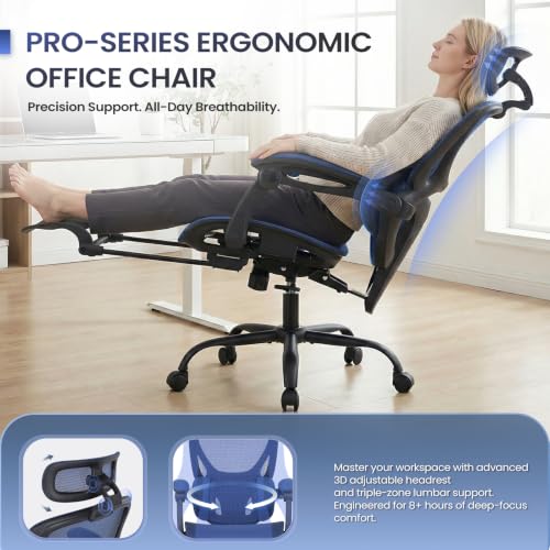 MALOL Ergonomic Mesh Office Chair with Footrest, Executive High Back Computer Desk Chair with 3D Adjustable Headrest & 5-Level Lumbar Support, Track Armrest, Tilt Lock, 300LBS, Blue - color: Blue