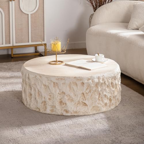 31.5" Round Coffee Table Magnesium Oxide Centre Table, Mid-Century Modern Faux Stone Tea Table for Living Room Apartment, No Need Assembly - Amber, Beige - color: H-31.5" Round Beige