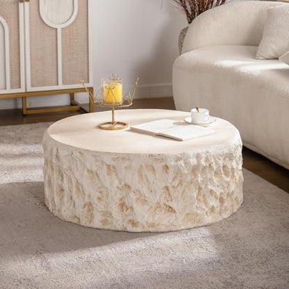31.5" Round Coffee Table Magnesium Oxide Centre Table, Mid-Century Modern Faux Stone Tea Table for Living Room Apartment, No Need Assembly - Amber, Beige - color: H-31.5" Round Beige
