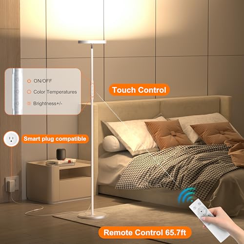 LED Floor Lamp, 3600LM Bright Standing Lamp 350W Equivalent with 2700K-6500K Stepless Dimming, Modern Torchiere Room Lamp with Remote/Touch Control, 69" Tall Lamp for Living Room Bedroom Office(White) - color: White