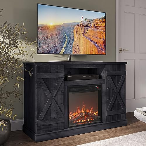 BELLEZE 47" TV Stand with 18" Electric Fireplace Heater & Media Entertainment Center Console Table for TV up to 50" with Open Storage Shelves & Cabinets - Veropeso (Rustic Grey) - color: Rustic Grey, style: 47" TV Stand/W 18" Fireplace