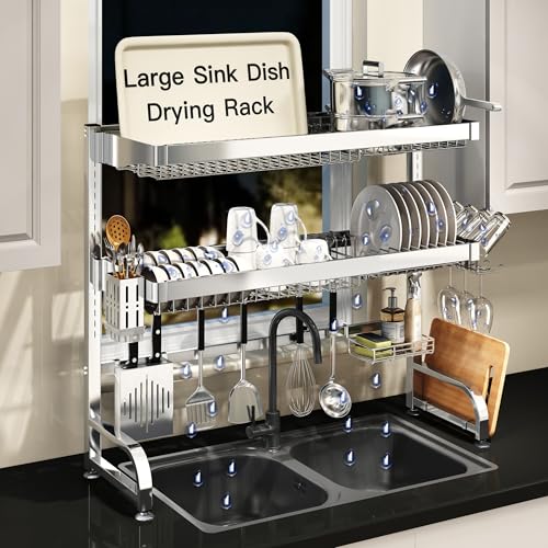 3 Tier Extra Large Stainless Steel Over The Sink Dish Drying Rack | Rust Proof Metal, Expandable Kitchen Sink Drainer, Counter Space Saving, Heavy Duty, Modern Silver, Multifunctional Storage - color: Silver, size: Over Sink 3 Tier