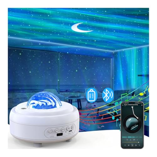 HUMIIEYE Star Projector with Bluetooth Speaker, Northern Lights Projector | 1800mAh Battery Operated, 8 Modes, Aurora Night light with Moon & Star for Bedroom, Mood Ambient lighting for Kids Adults - color: Varicolored