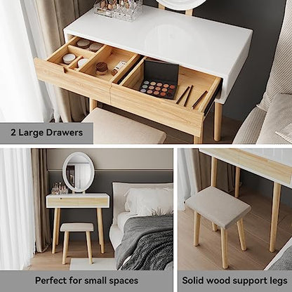 YOURLITE Makeup Vanity Desk with Lighted Mirror & Stool | 31.5" Makeup Table, 3 Lighting Modes, Adjustable Brightness, 2 Drawers, Cushioned Stool, Oval Mirror - size: 31.5", style: Oval Mirror Wood