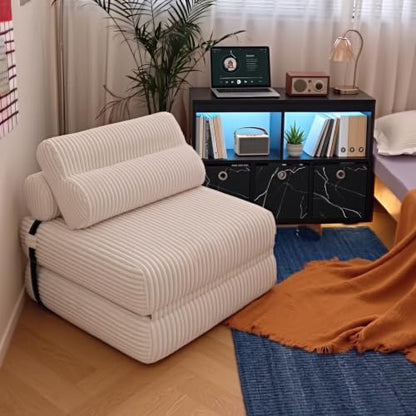 Boneless Folding Sofa Bed, Convertible Sleeper Chair, Off White | Boneless folding sofa bed, 3-in-1 sleeper chair & floor couch. Plush teddy fleece, lumbar pillows, space-saving, no assembly - color: Off-white