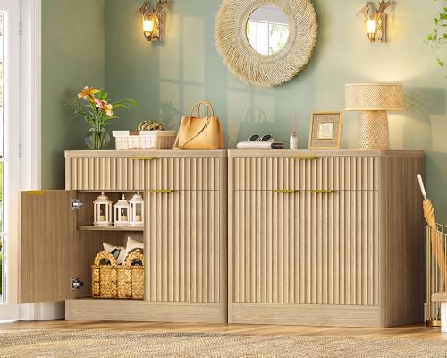 63" Fluted Buffet Sideboard Cabinet with Storage, Buffet Table Coffee Bar Wine Bar Storage Cabinet with Adjustable Shelf for Living Room, Kitchen, Natural - color: Natural- Drawer