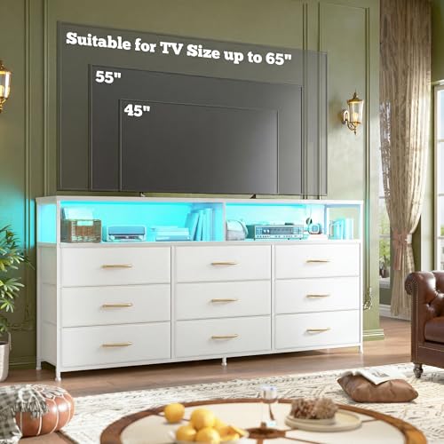 55" W Dresser for Bedroom with 9 Drawers LED, Power Outlets Fits 65" TV | TV Stand for 45, 55, 65 Inch TV Sturdy Long Chest of Drawers with Extra 2 Wooden Shelves Steel Frame PU Leather Drawer - color: White