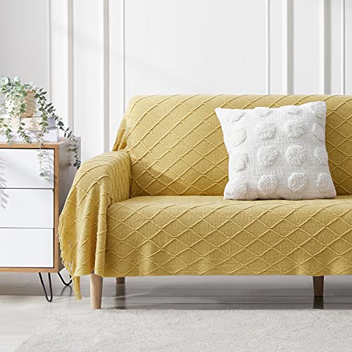 BOURINA Mustard Throw Blanket 50x90 Inch Boho Knit Soft Throw Sofa Blanket | Knitted Throw Blanket 50x90 Inches, Soft Lightweight Boho Weave Throw Decorative Couch Blanket for Living Room Bed Runner - color: Mustard, size: 50"x90"