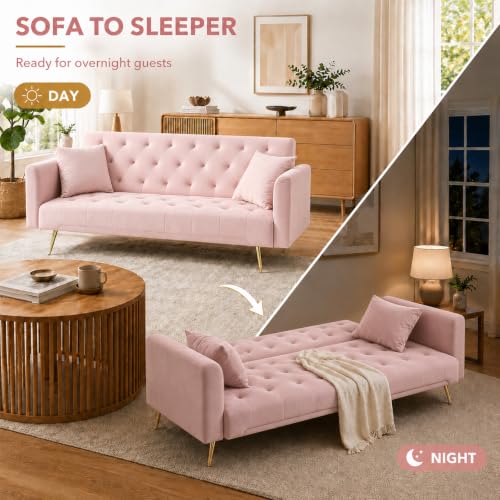 Anwick 72''Modern Velvet Sofa Bed Futon,Convertible Folding Sleeper Couches with 3 Adjustable Backrests,Tufted Recliner Loveseat with Golden Chrome Legs for Living Room Apartment Office (Pink-new) - color: Pink-new
