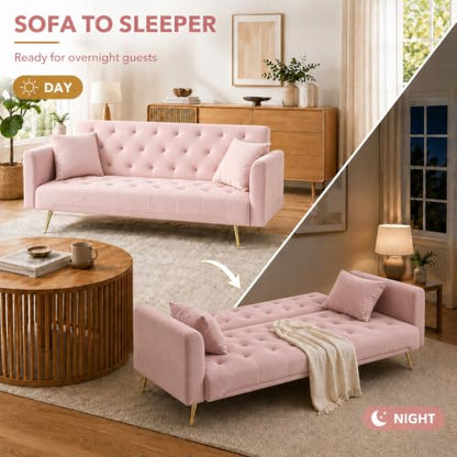Anwick 72''Modern Velvet Sofa Bed Futon,Convertible Folding Sleeper Couches with 3 Adjustable Backrests,Tufted Recliner Loveseat with Golden Chrome Legs for Living Room Apartment Office (Pink-new) - color: Pink-new