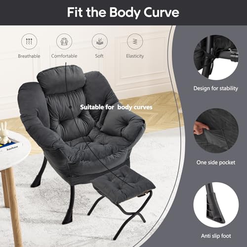 Lazy Chair with Folding Ottoman Modern Large Accent Chair,Contemporary Lounge Leisure Sofa Chair with Armrests Upholstered Sofa Armchair Reading Chair for Bedroom,Dorm & Office (Dark Grey-f) - color: Dark Grey