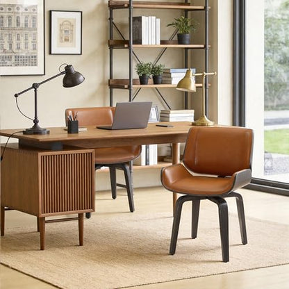 Mid Century Swivel Desk Chair No Wheels, Grey Oak Bentwood, Brown | Faux Leather, Solid Wood Legs, 360° Swivel, High-Density Foam, Adjustable Foot Pads, Home Office, Bedroom, Dining Room - color: Brown, size: Style A