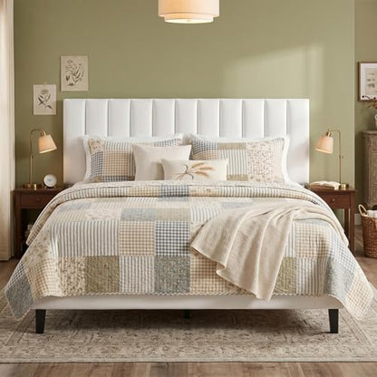 Garvee Queen Size Platform Bed Frame with Upholstered Headboard, White | Fully Velvet Upholstered Mattress Foundation with Height Adjustable Headboard, No Box Spring Needed, Easy Assembly - color: White, size: Queen