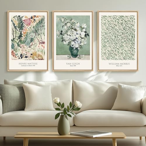 Framed Large Van Gogh Wall Art for Living Room, 3 Pieces Vintage Sage Green Canvas Painting Artwork for Walls, Botanical Wall Art Prints for Bedroom, Guest Room, Hallway, Home Office Wall Decor, 16x24 Inch - color: Sage Green, size: 16"W x 24" H x 3Pcs