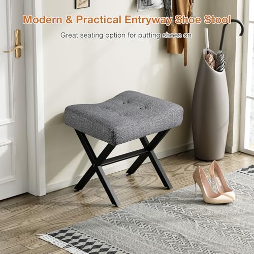 18-Inch Large Vanity Stool Chair, Gray Makeup Stool | Teddy Flannel Vanity Bench, Metal X-Leg, 350 LBS, 20"x16.9"x18", Ottoman Accent Stool, Breathable Soft Padded Saddle Seat - size: Large, style: Gray Fabric