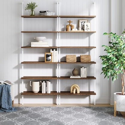 Nathan James Theo 6-Shelf Tall Bookcase, Wall Mount Bookshelf with Natural Wood Finish and Industrial Metal Frame, Rustic Oak/White, Set of 2 - color: Oak/Matte White, size: Set of 2