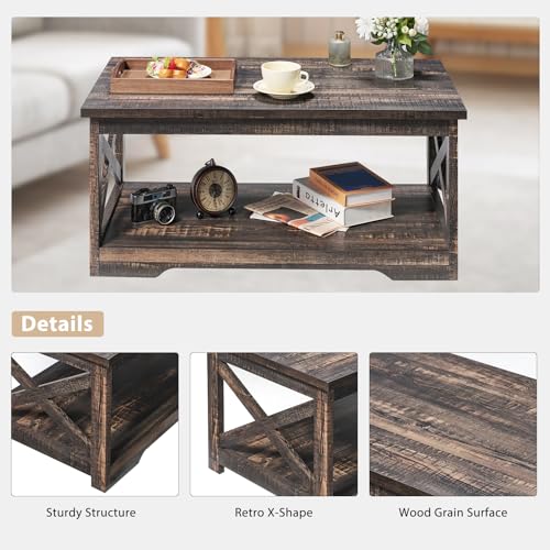 AMERLIFE 3 Piece Farmhouse Living Room Coffee Table Set, Dark Oak | Coffee Table & 2 End Tables with Charging Station and USB Ports, Farmhouse Style, Barn Door Design, Living Room Furniture - color: Dark Oak