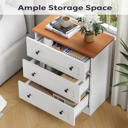 Furnify 3 Drawer Dresser Set of 2, Modern Chest of Drawers, White & Walnut | Farmhouse Wood Nightstand Bedside Cabinet End Table, Modern Closet Storage Organizer for Bedroom, Living Room - size: 11.8"D x 22.8"W x 25.2"H (6 Drawers)