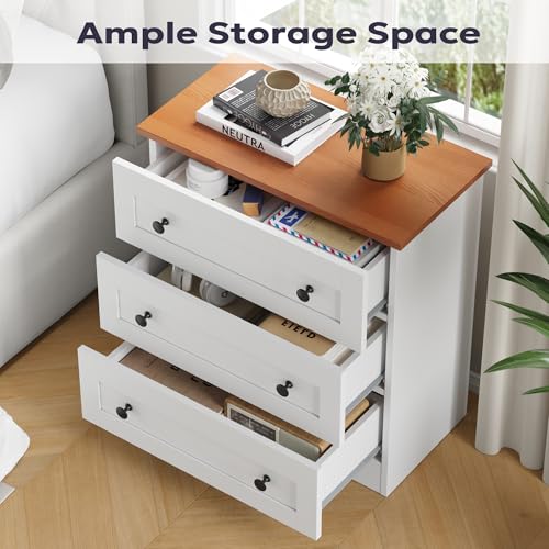 Furnify Farmhouse 3 Drawer Dresser, Small Chests of Drawers, White & Walnut | Farmhouse Wood Nightstand Bedside Cabinet End Table, Modern Closet Storage Organizer for Bedroom, Living Room - size: 11.8"D x 22.8"W x 25.2"H (3 Drawers)