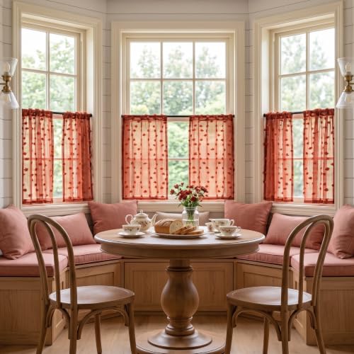 MYSKY HOME Terracotta Boho Sheer Kitchen Curtains 24 inch Length,2 Panels | Burnt Orange Rust Semi Sheer with Pom Pom,Short Tier Half Curtains for Cafe Small Window Decor, Rod Pocket,26Wx24L - color: Terracotta, size: 26"W x 24"L (Pack of 2)