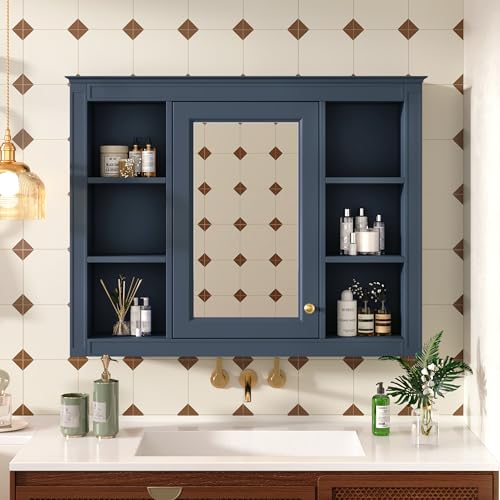 Wall Mounted Medicine Cabinet, Bathroom Storage Cabinet with Mirror Door and 6 Adjustable Open Shelf (7.3" D x 35" W x 27.5" H) (Blue) - color: Blue