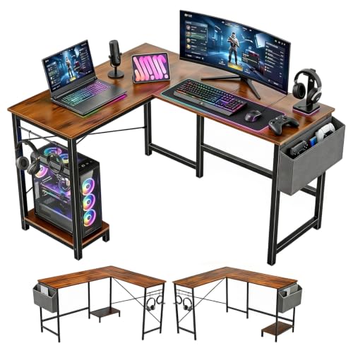 L Shaped Desk, 50 Inch Reversible Computer Desk Corner Gaming Table with CPU Stand & Storage Bag, Sturdy Metal Frame PC Workstation for Home Office, Brown Wood - color: Brown Wood