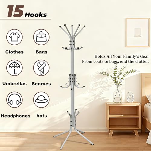 Metal Coat Rack, Freestanding Coat Tree & Hall Tree with 15 Hooks, Sturdy Coat Rack Stand and Hat Rack, Coat Hanger for Entryway, Bedroom, Office for Jackets, Hats, Bags, Grey - color: GREY