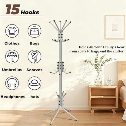 Metal Coat Rack, Freestanding Coat Tree & Hall Tree with 15 Hooks, Sturdy Coat Rack Stand and Hat Rack, Coat Hanger for Entryway, Bedroom, Office for Jackets, Hats, Bags, Grey - color: GREY
