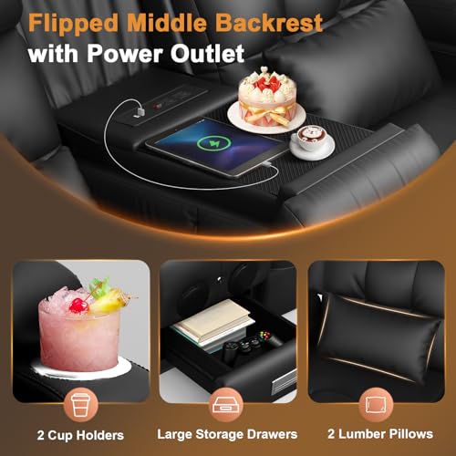 Home Theater Seating, Power Loveseat Recliner Sofa with Massage & Heat | Wall Hugger Reclining Loveseat with USB, RV Couch with LED Lights, Flip Backrest, Cup Holders for Movie Theater, Gaming Room - color: Black, size: 72" - 2 Seats